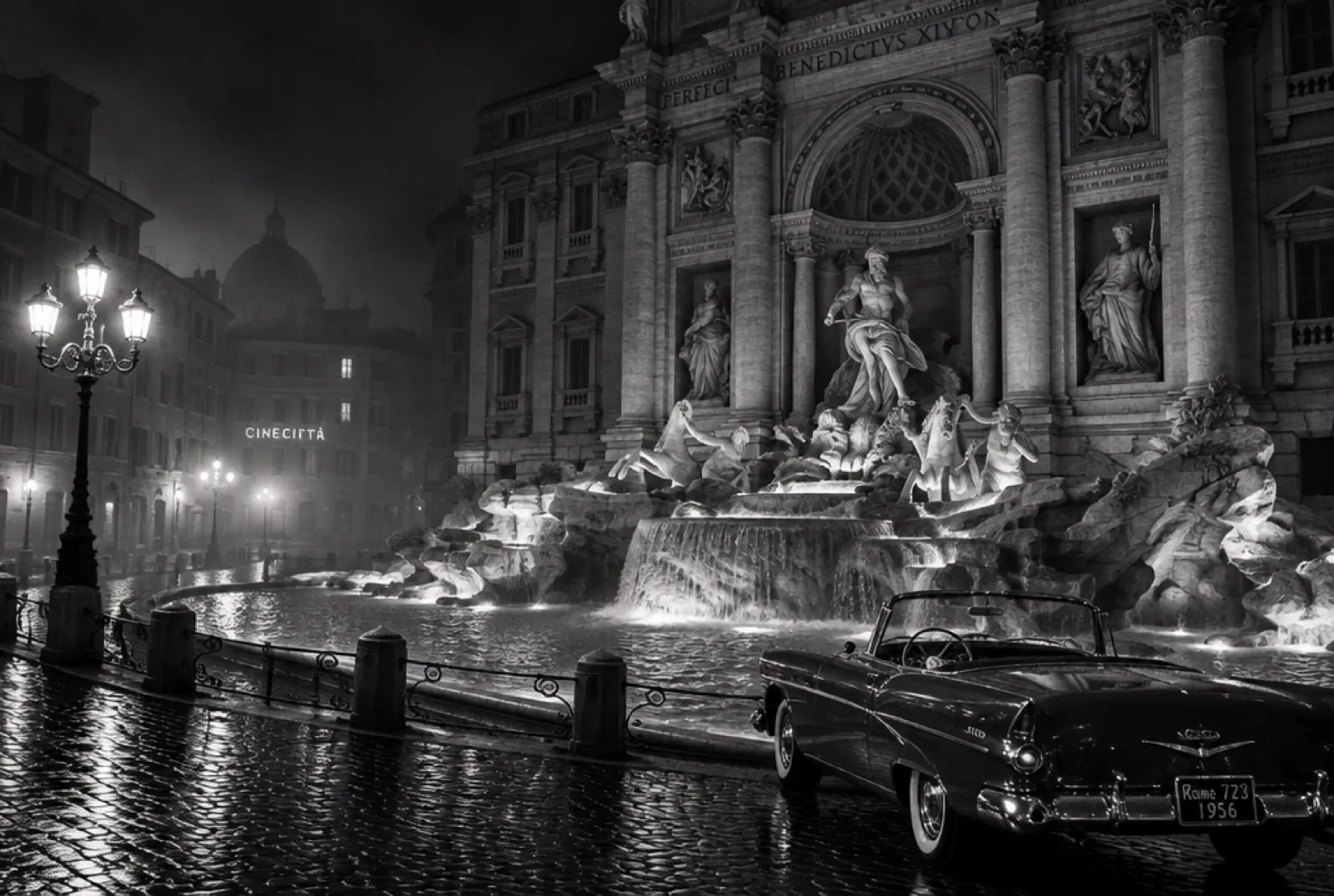 Tavola di scenografia: una fontana barocca di notte, in bianco e nero