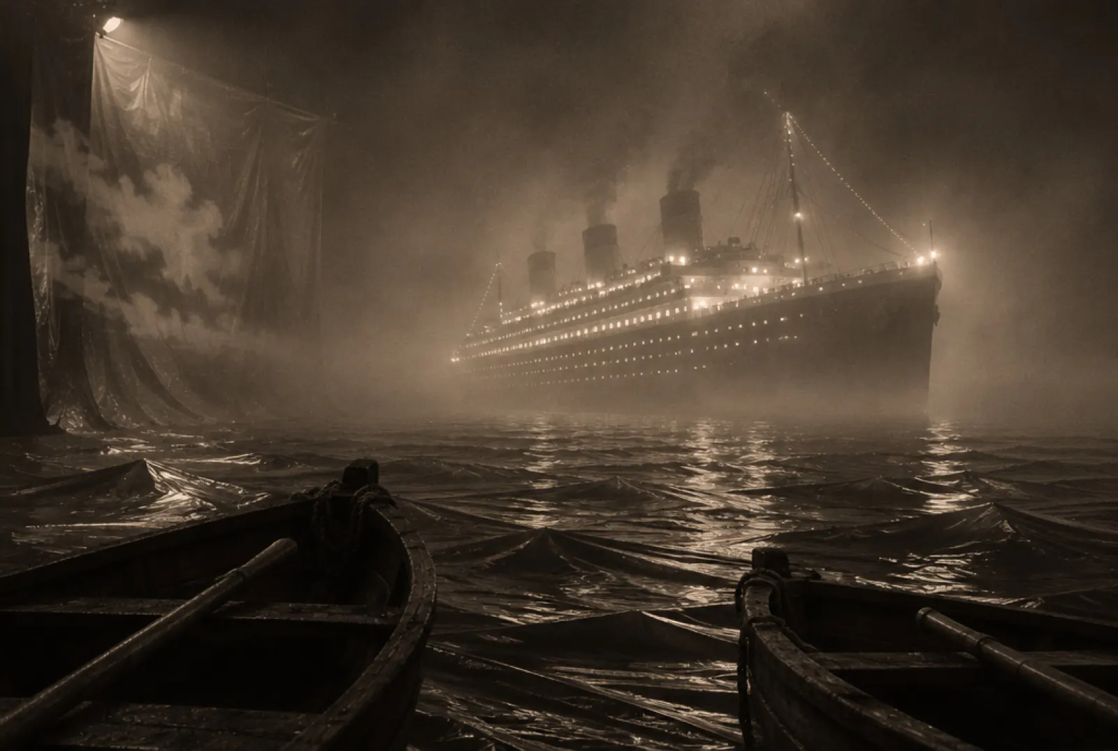 Tavola di scenografia: un transatlantico illuminato nella nebbia